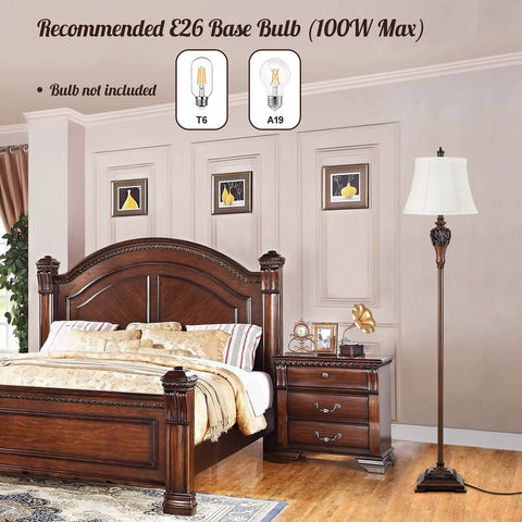 Bedroom with vintage floor lamp with rotary on off switch for easy one hand use, white fabric shade, tall farmhouse style