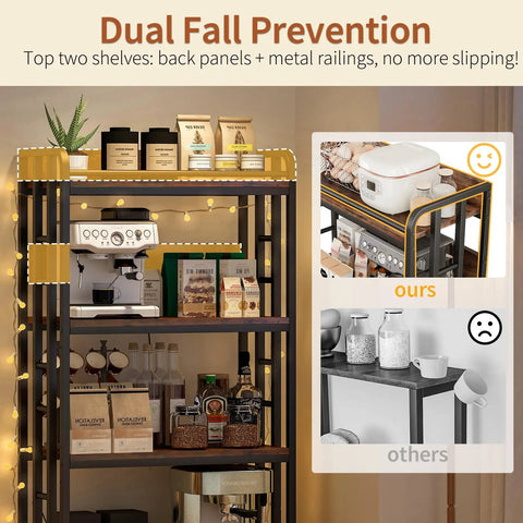4 Tier Heavy Duty Kitchen Baker's Rack With Power Outlet And Industrial Wheels Freestanding Microwave Cart For Kitchen Storage Living Room Or Garage Rustic Brown displayed with kitchen items and lighting