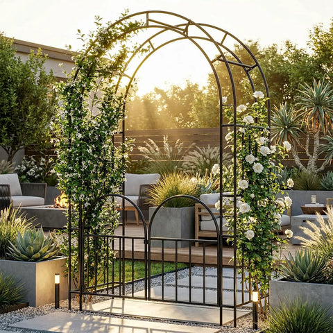 7ft Metal Garden Arbor With Gate Two In One Trellis For Climbing Plants Wide Sturdy Outdoor Arch Pathway Entrance Perfect For Weddings Halloween And Christmas Decor With Built In Latch To Keep Pets Safe