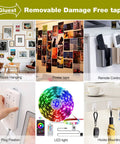 Damage Free Double Sided Tape Three Quarters Inch Wide By Twenty Feet Removable Mounting Strips For Posters Photos Art Rugs And Carpets Heavy Duty Wall Adhesive Foam Tape For Damage Free Hangs shown with posters, remotes, and hooks