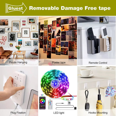 Damage Free Double Sided Tape Three Quarters Inch Wide By Twenty Feet Removable Mounting Strips For Posters Photos Art Rugs And Carpets Heavy Duty Wall Adhesive Foam Tape For Damage Free Hangs shown with posters, remotes, and hooks