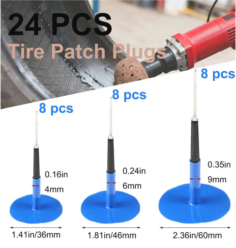 Combination Tire Repair Patch Plug Kit With Wrapped Stem Patches In Three Sizes for Radial and Bias Ply Tires shown in detail