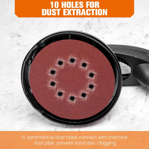 Ditch The Sanding Hassle With This Sweet 84 Piece Set Of Pro Grade 9 Inch Aluminum Oxide Discs featuring a disc with 10 holes for dust extraction.