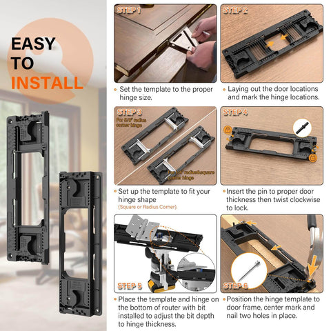 Hinge Mortiser Kit For Doors And Frames, Pro Grade Door Hinge Jig For Quick And Easy Install, assembly and usage steps shown.