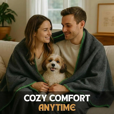 Couple with dog under Go-To Rugged Wool Camping Blanket 70 Percent Wool, Fire Retardant, Washable, Survival Ready For Emergency, Car, Home And Outdoor Use, Heavy Duty Military Style Throw In Grey 66x90