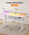 Product dimensions of Ergonomic Electric Standing Desk 55 By 28 Inch Adjustable Sit Stand Workstation with Built In Bookshelf and Monitor Riser featuring cool LED light strip.