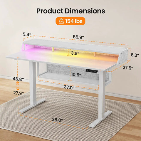 Product dimensions of Ergonomic Electric Standing Desk 55 By 28 Inch Adjustable Sit Stand Workstation with Built In Bookshelf and Monitor Riser featuring cool LED light strip.