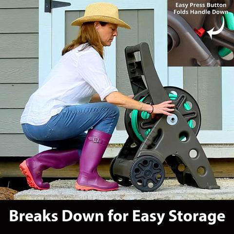 Backyard Beast Two Wheel Hose Cart Delivers Rust Proof Bronze Poly Resin Durability To Handle 225 Feet Of 5/8 Inch Garden Hoses Without Breaking A Sweat Includes Six Foot Leader Hose Plus Drop Down Handle For Easy Park Mode