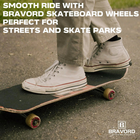 Close-up of skateboard in use with Skateboard Wheels 52mm x 32mm 101A Set Of 4 for street and park tricks, red color