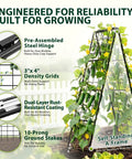 Diagram of Heavy Duty 2 Pack Adjustable A Frame Trellis for Climbing Plants Outdoor with cucumbers and feature highlights