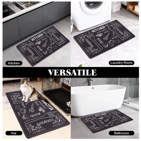 Washable Anti Fatigue Kitchen Mat 17 By 29 Inch Cushioned Foam Runner With Non Slip Ergonomic Comfort For Standing, shown in kitchen, laundry, pet, bathroom.