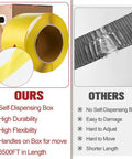 Comparison of yellow self-dispensing polypropylene banding kit with other strapping, highlighting features.