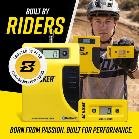 MTB Suspension Tuning Kit With Digital Sag Tool Portable One Person Axle Measurement System shown on a mountain bike trail.