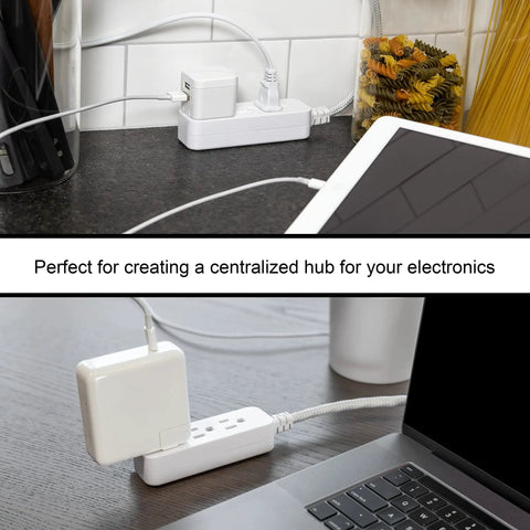 Three Outlet Power Strip With Braided Six Inch Extension Cord Grounded Flat Plug ETL Listed White for electronics