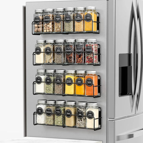 Ultra Strong Neodymium Magnet N42 Block 4 X 1/2 X 1/4 In holding spice jars on a refrigerator side for kitchen organization.