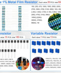 Image of 1780 Piece DIY Electronics Kit with resistors, transistors, and variable resistors, including resistors values and quantities.