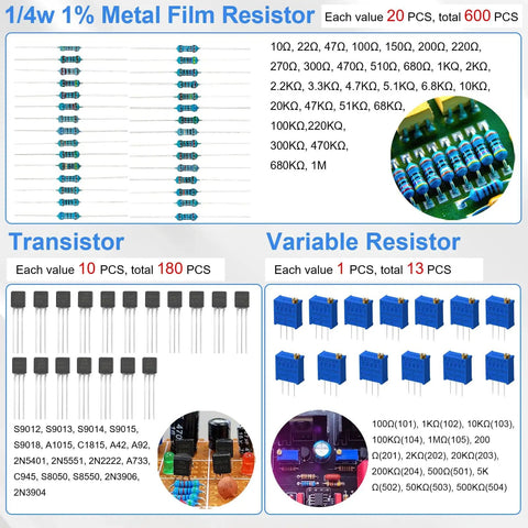 Image of 1780 Piece DIY Electronics Kit with resistors, transistors, and variable resistors, including resistors values and quantities.