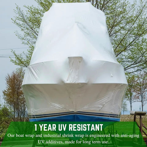 Rock Solid 7 Mil Polyethylene Shrink Wrap Roll For Boat Winter Storage UV Resistant Plastic Sheeting covering a boat with trees in the background