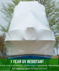 Top Shelf 7 Mil Polyethylene Shrink Wrap Roll For Boats And Jet Skis covering a boat, showcasing UV resistance and snug fit.
