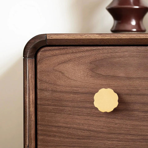 Heavyweight Solid Brass Brushed Gold Cabinet Knobs 0.94 Inch Diameter 24mm 8 Pack on wood dresser drawer close-up