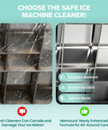 Comparison of scratched and clean ice maker trays, highlighting benefits of using Ice Maker Cleaner Tablets 36 Pack Nugget Ice Machine Descaler For Countertop Kills Hard Water Build Up Nickel Safe And Stainless Steel Friendly Works With All Major Brands Bulk 18 Month Supply