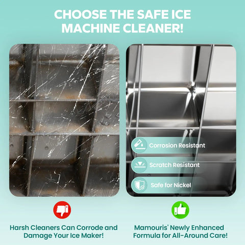 Comparison of scratched and clean ice maker trays, highlighting benefits of using Ice Maker Cleaner Tablets 36 Pack Nugget Ice Machine Descaler For Countertop Kills Hard Water Build Up Nickel Safe And Stainless Steel Friendly Works With All Major Brands Bulk 18 Month Supply