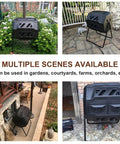 Dual Chamber 43 Gallon Compost Bin With 360 Degree Tumbling Design Large Outdoor Garden Compost Tumbler With Steel Frame And Two Sliding Doors displayed in various garden settings.
