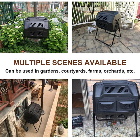 Dual Chamber 43 Gallon Compost Bin With 360 Degree Tumbling Design Large Outdoor Garden Compost Tumbler With Steel Frame And Two Sliding Doors displayed in various garden settings.