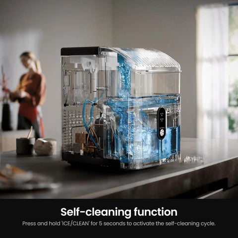 Rapid Chill Countertop Nugget Ice Maker Churns Out 35 Pounds Daily Stainless Steel Portable Unit with self-cleaning function showing water flow