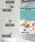 Premium Heavy Duty Brushed Gold Shower Tub Faucet Set With Complete Valve And Six Inch Rain Shower Head dishing out water pressure details