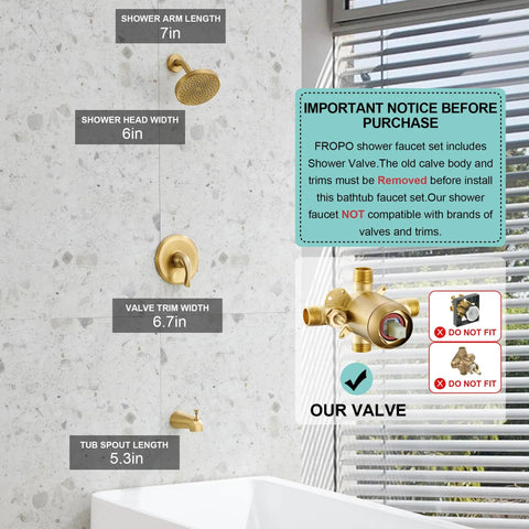 Premium Heavy Duty Brushed Gold Shower Tub Faucet Set With Complete Valve And Six Inch Rain Shower Head dishing out water pressure details