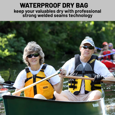 Kayakers on water with Ultra Dry Roll Top Waterproof Bag For Kayaking And Beach Adventures, strong welded seams emphasized.