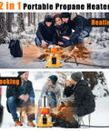 Two In One Propane Heater And Stove With 13000 BTU Output, Portable Outdoor Heater warming group outdoors in snowy setting