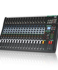 Sixteen Channel Audio Mixer Pro For PC Studio And Live DJ Setup with Bluetooth and 48V phantom power, angled view.