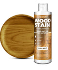 Superior Water Based Walnut Wood Stain With Snappy Matte Finish Dries Lightning Fast Covers Cabinets Decks Furniture And Trim Like A Total Champ Eight Point Five Ounce Ready To Apply Formula with a round wooden plate.