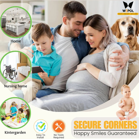 Soft Foam Corner Protectors For Babies And Kids With Pre Taped Adhesive To Shield Sharp Table Edges And Bed Frames Keeping Your Little Munchkins Totally Safe And Secure In Sleek Matte Black Four Pack with family enjoying safe home.
