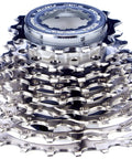 Sora HG50 9 Speed Cassette Silver 14 To 25 Teeth With Hyper Glide Sprockets shown with contoured shift gates, close ratio gearing.