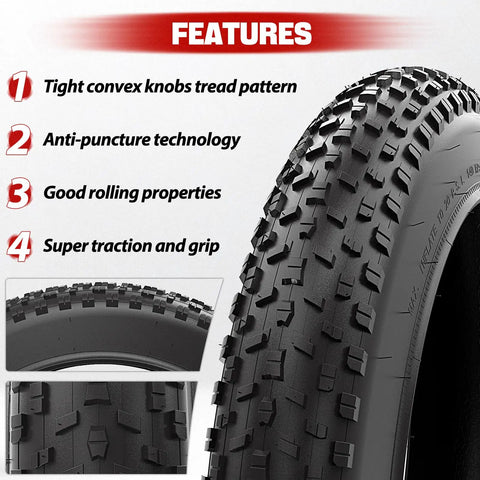 Fat Tire 20x4 Inch E Bike Mountain Tire For Electric MTB All Terrain Fat Bicycle Tire With Durable Rubber Superior Shock Absorption Heat Resistant Easy Rolling And Inflates Up To 20 PSI, knobby tread close-up