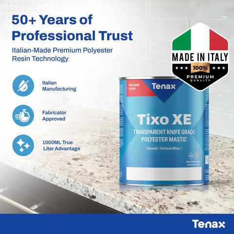 Dead Nuts Strong Transparent Polyester Mastic And Slick Knife Grade Stone Adhesive For Granite Marble Seam Glue Quick Set Resin Kit With Hardener Pro Grade Natural Stone Fabbing Solution on countertop.