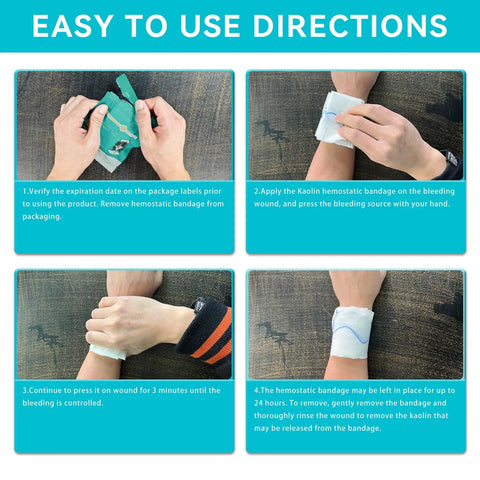Quick Clot Gauze First Aid kit instruction panels showing step-by-step hemostatic gauze application (4 panels)