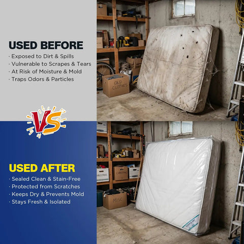 Comparative image of dirty unprotected mattress and clean covered mattress with Two Pack Mattress Bags For Moving And Storage Fits King Or Queen