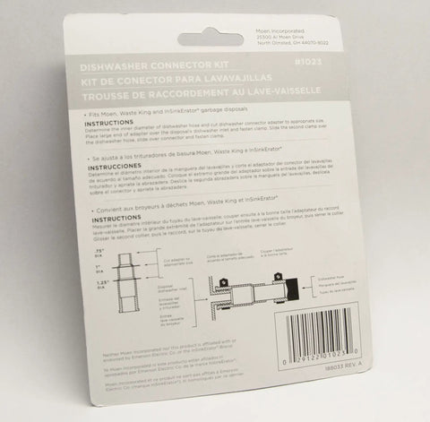 Back view of dishwasher connector kit packaging with installation instructions and diagrams.
