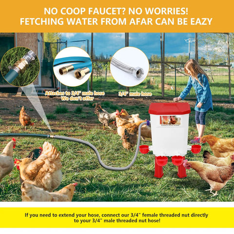 Automatic Chicken Waterer With Float Valve Hanging Or Standing Design Connects To Three Quarter Inch Faucet And Hose