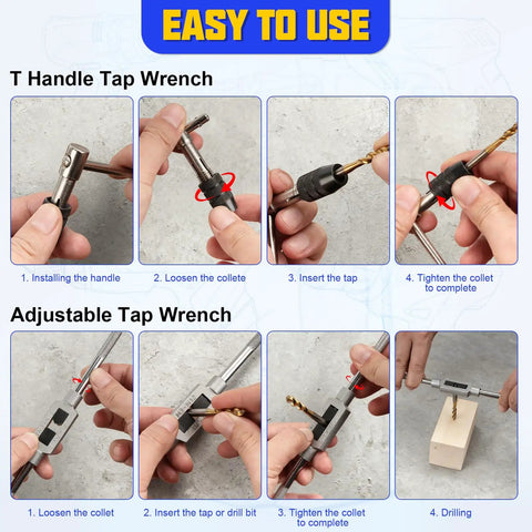Step-by-step use of Adjustable Metric Tap And Die Set 21 Pc With 2 Tap Wrenches HSS Drill And Tap Kit for DIY repairs.