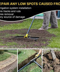 Using Lawn Leveling Rake 17 By 10 Inch With 77 Inch Adjustable Curved End Grip Handle on lawn to repair low spots.