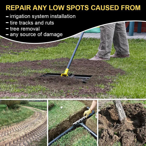 Using Lawn Leveling Rake 17 By 10 Inch With 77 Inch Adjustable Curved End Grip Handle on lawn to repair low spots.