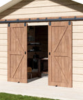 Beefy 13Ft Industrial Grade Black Double Door Track Kit For Exterior Sliding Barn Doors Heavy Duty Box Rail Wall Mounted Hardware Set Supports Up To 300 Lbs No Door Included installed on barn with wooden doors