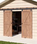 24Ft Beefy Black Exterior Sliding Barn Door Hardware Kit For Double Doors Built To Last Industrial Grade Wall Mounted Track System With 300 Lb Max Load Includes Hardware Only No Door, installed on wooden exterior wall with double doors