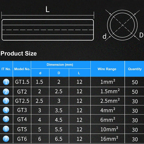 Diagram and table showing sizes in the 250 Piece Wire Ferrules Kit With 7 Sizes Copper Non Insulated Crimp Connectors and Heat Shrink Tubing