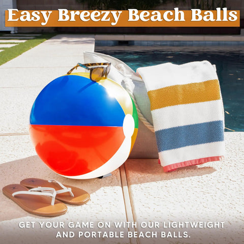 4 Pack 20 Inch Rainbow Beach Balls Large Inflatable Pool Toys For Parties Decorations For Adults And Kids Luau Summer Beach Water Games Beach Ball Favors beside striped towel and sunglasses by pool.